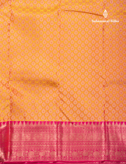 Dual Tone Mango Yellow Bridal Pure Kanjivaram Silk Saree With Contrast Pink Border