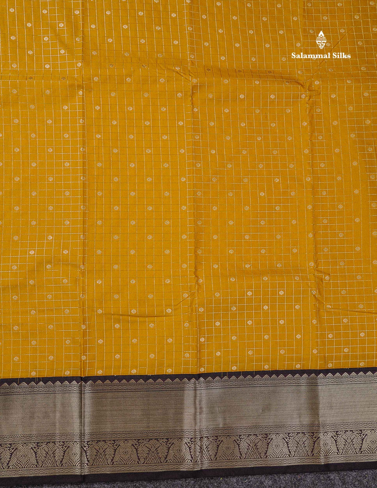 Semi Silk Saree - Mustard Yellow Butta With Small Checks Along With Contrast Snuff Brown Traditional Border