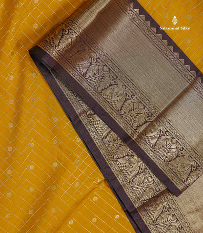 Semi Silk Saree - Mustard Yellow Butta With Small Checks Along With Contrast Snuff Brown Traditional Border