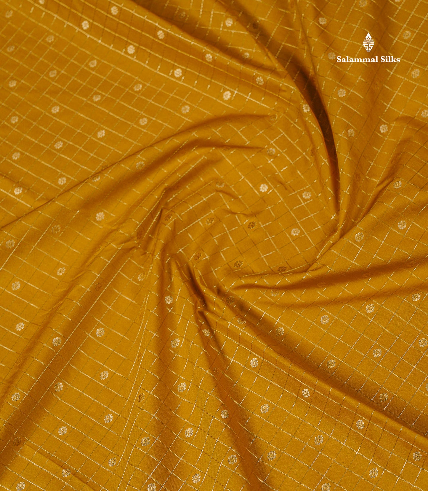 Semi Silk Saree - Mustard Yellow Butta With Small Checks Along With Contrast Snuff Brown Traditional Border