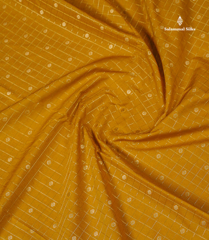Semi Silk Saree - Mustard Yellow Butta With Small Checks Along With Contrast Snuff Brown Traditional Border