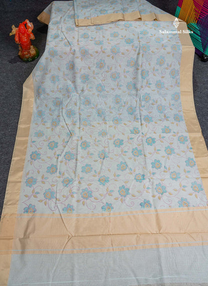 Kota Cotton Fancy Saree - Light Blue Colour Body Printed With Blouse