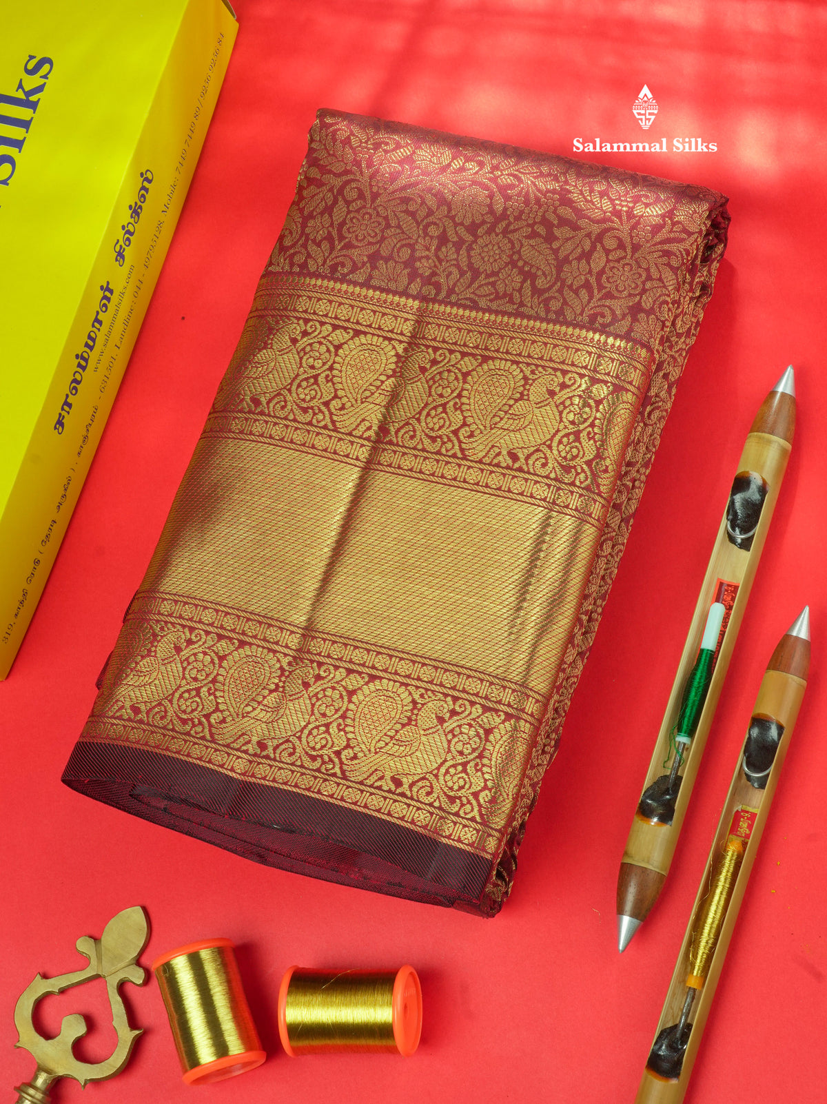 Dark Maroon Pure Kanjivaram Silk Saree 3G Zari with Traditional Gold Zari Border
