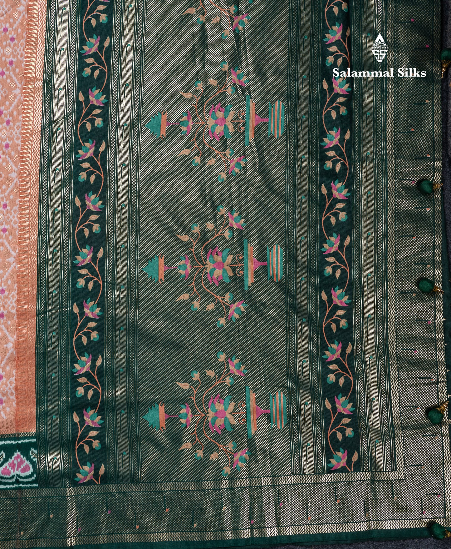 Beautiful Peach Ikkat Dola Fancy Saree With Bottle Green Border