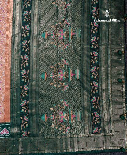 Beautiful Peach Ikkat Dola Fancy Saree With Bottle Green Border