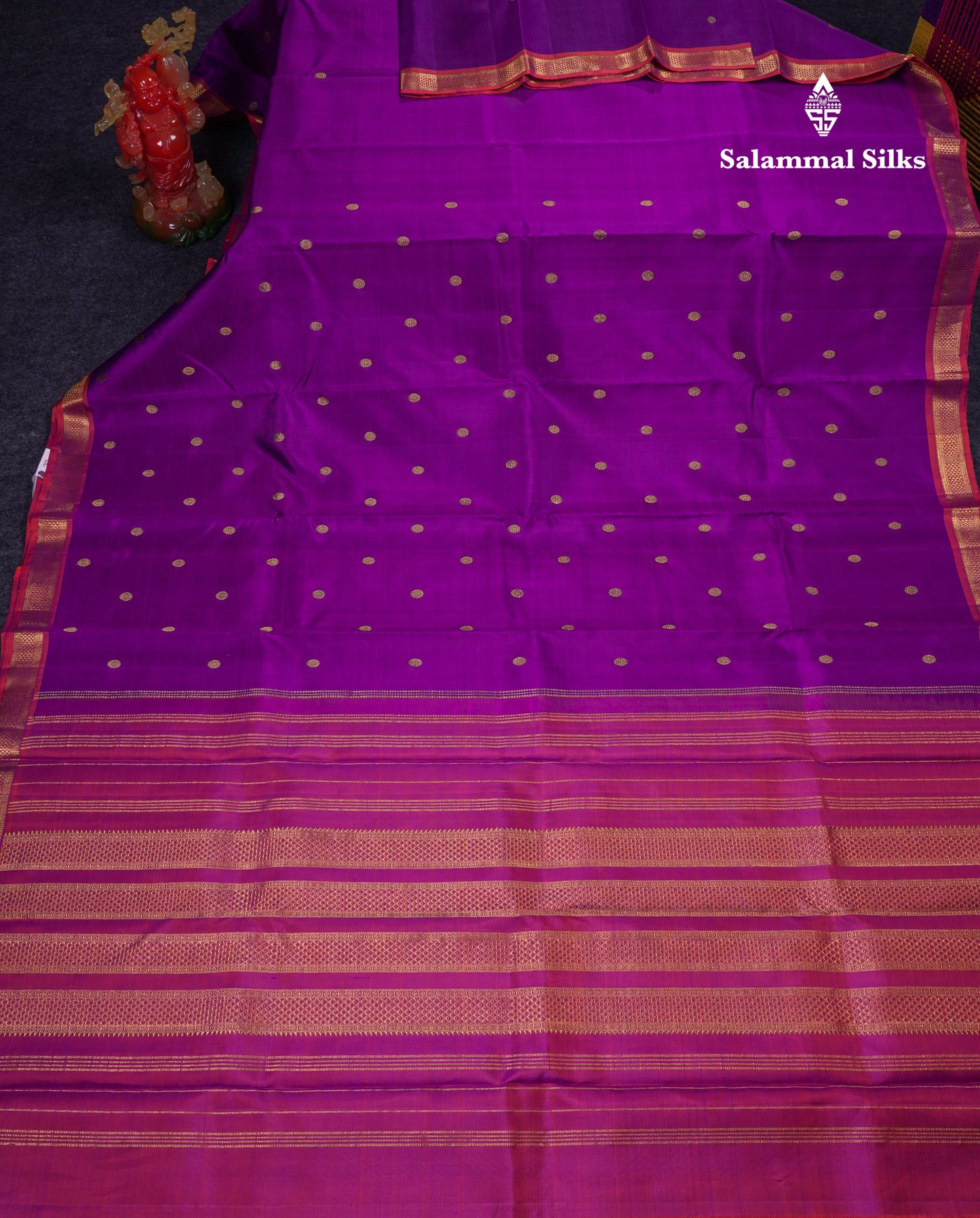 Beautiful Dark Purple Pure Kanjivaram Silk Saree With Contrast Pinkish Orange Small Tarditional Border