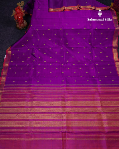 Beautiful Dark Purple Pure Kanjivaram Silk Saree With Contrast Pinkish Orange Small Tarditional Border