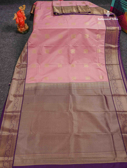 Semi Silk Saree - Baby Pink Butta With Lines Along With Contrast Dark Purple Traditional Border