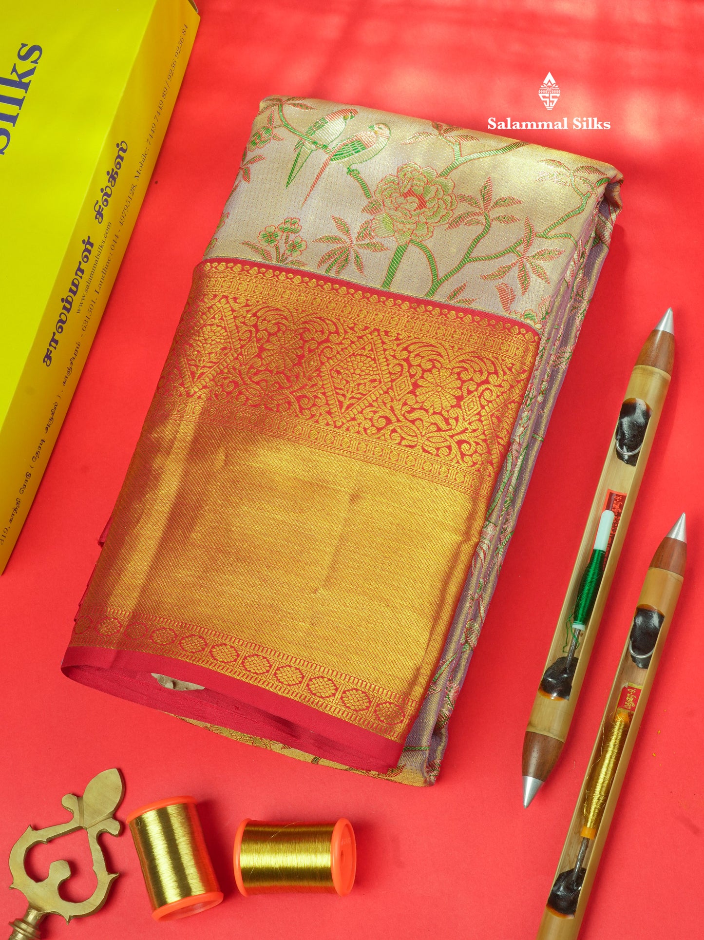 Meenakari work Light Lavender Colour Pure Kanjivaram Tissue Silk Saree With Contrast Red Border