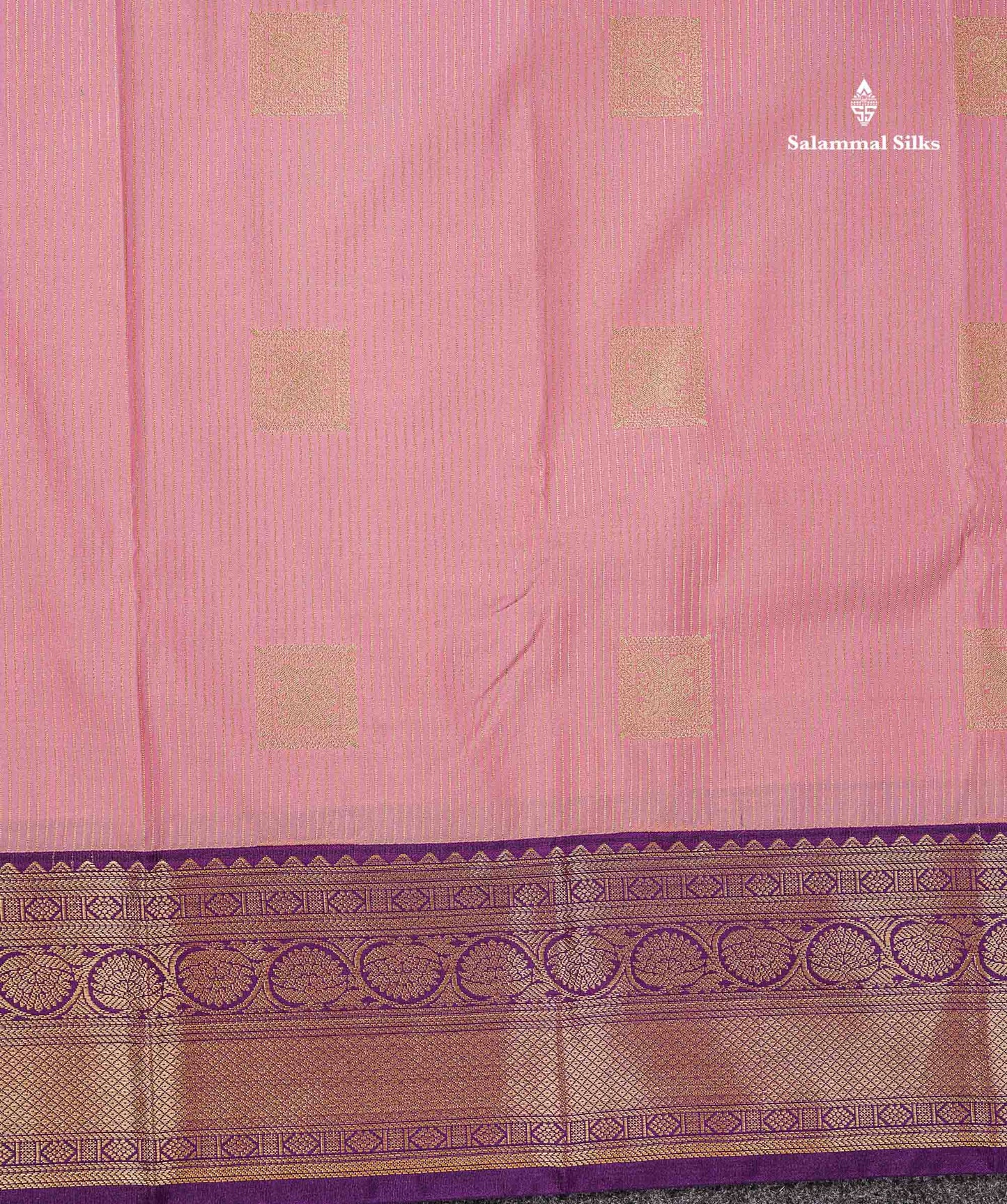 Semi Silk Saree - Baby Pink Butta With Lines Along With Contrast Dark Purple Traditional Border