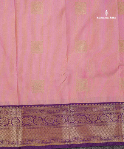 Semi Silk Saree - Baby Pink Butta With Lines Along With Contrast Dark Purple Traditional Border