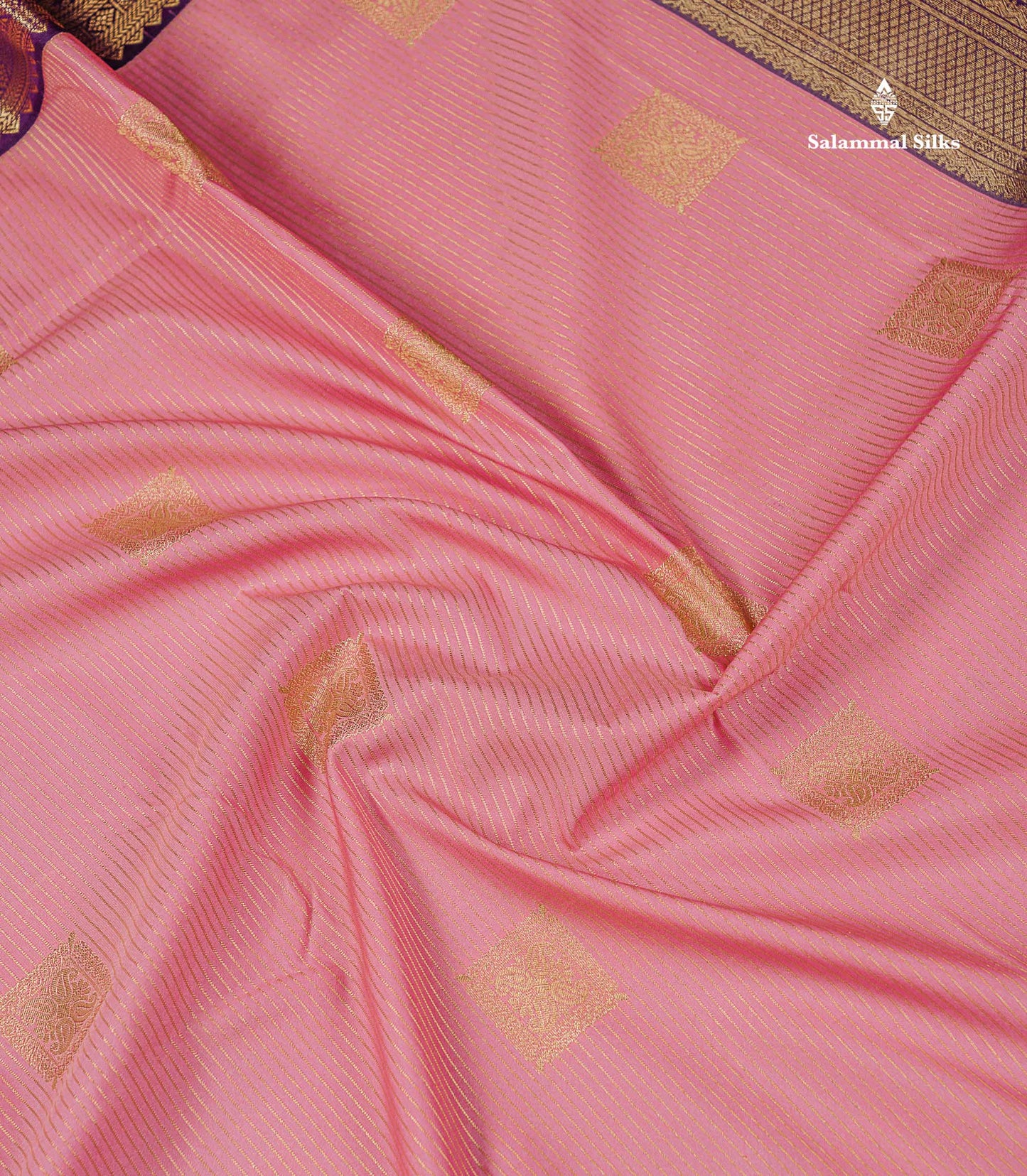 Semi Silk Saree - Baby Pink Butta With Lines Along With Contrast Dark Purple Traditional Border