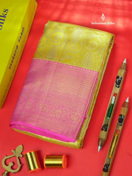 Gold Colour Pure Kanjivaram Tissue Silk Saree With Contrast Pink Border
