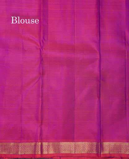 Beautiful Dark Purple Pure Kanjivaram Silk Saree With Contrast Pinkish Orange Small Tarditional Border