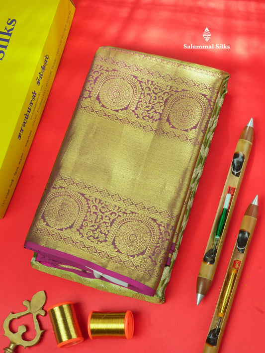 Light Green Tissue Pure Kanjivaram Silk Saree with Contrast Magenta Pink Border