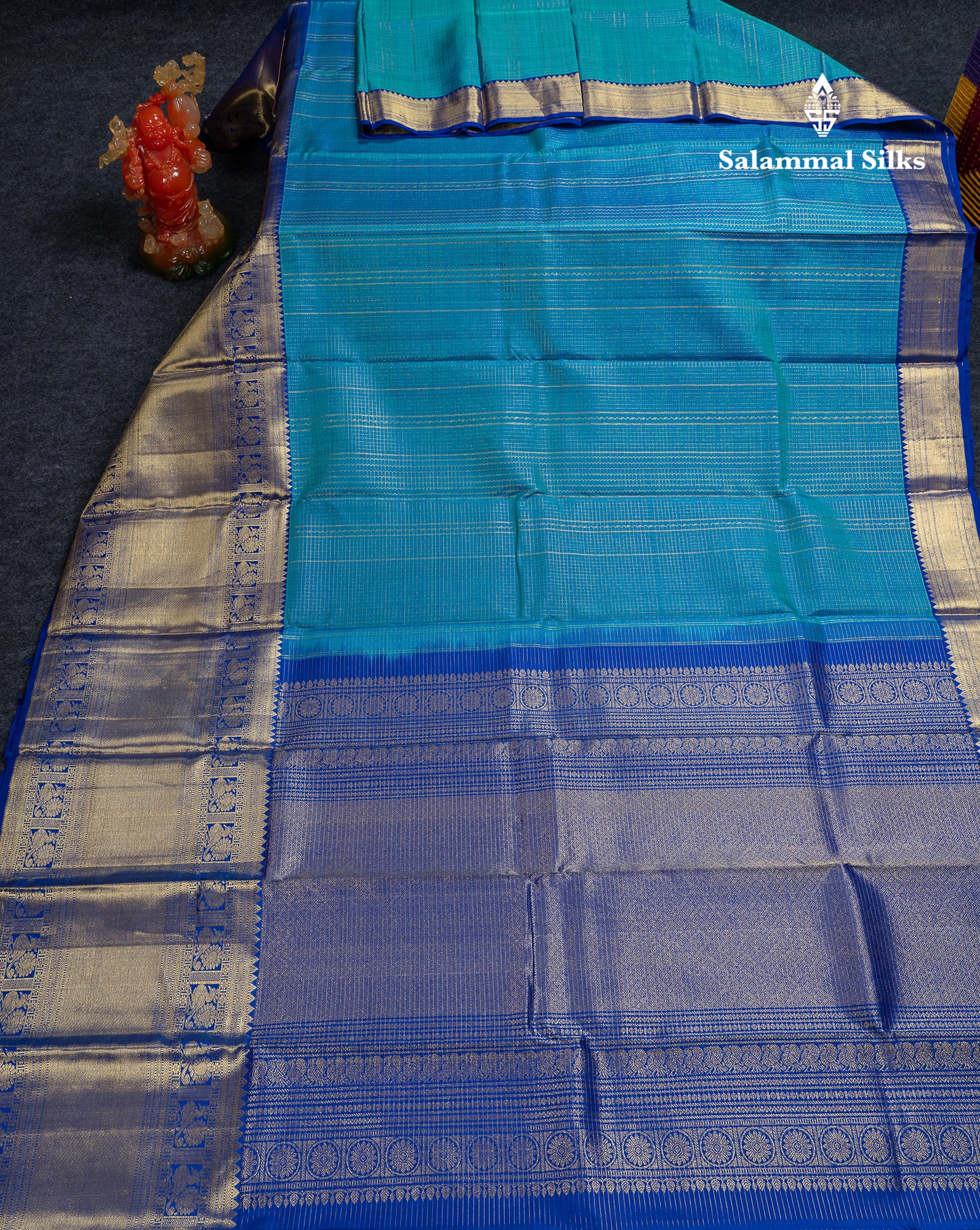 Beautiful Dual Tone Peacock Blue Zari Small Checks Pure Kanjivaram Silk Saree With Contrast Royal Blue Traditional Evening Morning Border
