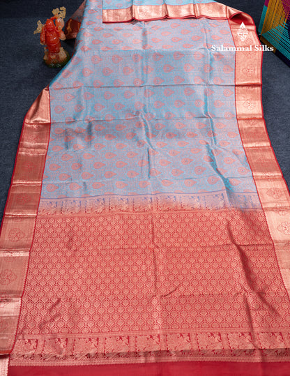 Dual Tone Light Blue Bridal Pure Kanjivaram Silk Saree With Contrast Reddish Maroon Traditional Border