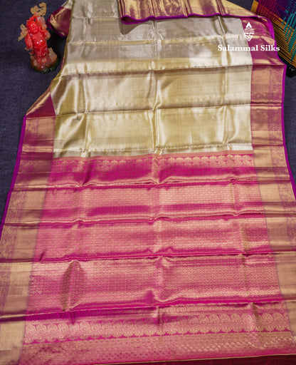 Beautiful Gold Tissue Bridal Pure Kanjivaram Silk Saree With Contrast Dark Purple Traditional Border