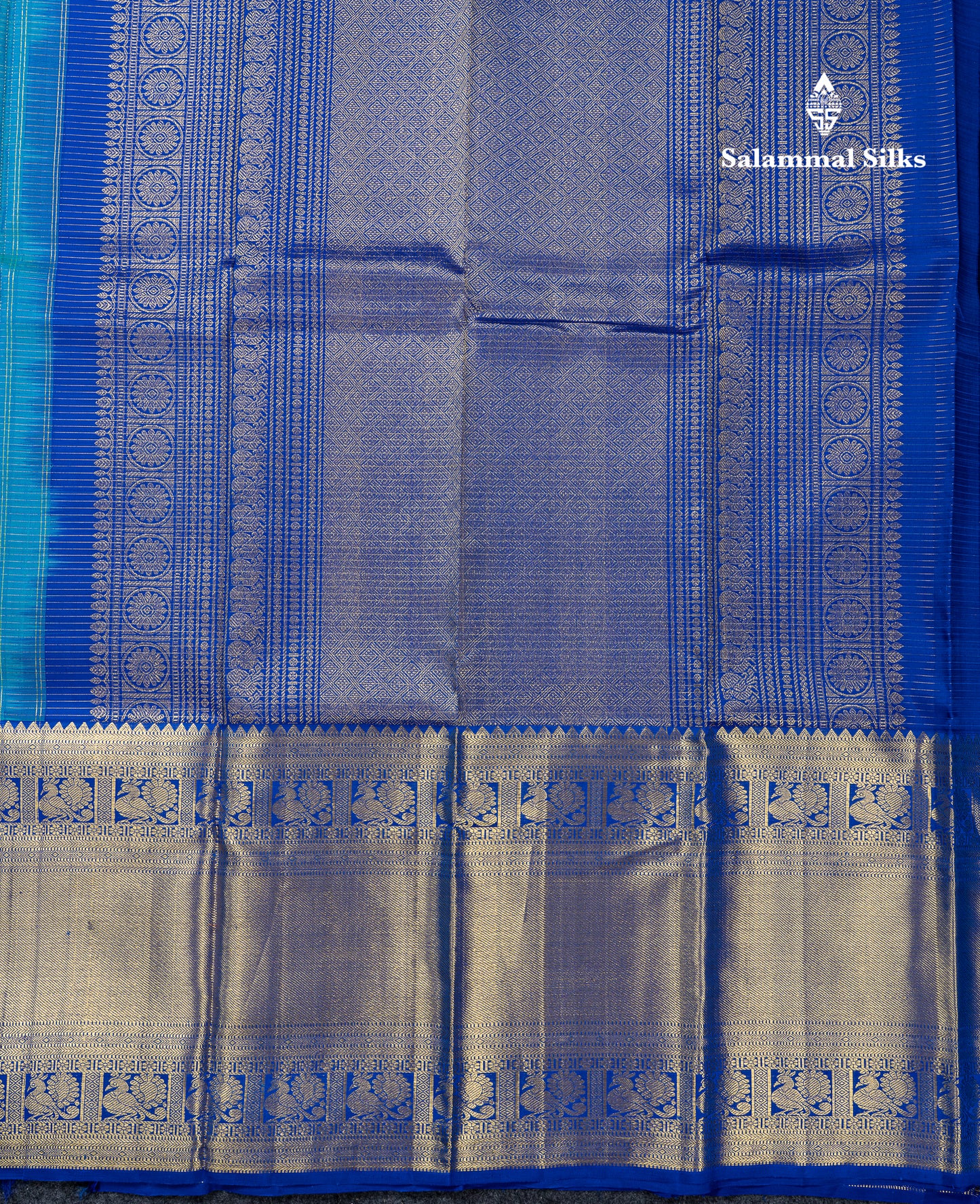 Beautiful Dual Tone Peacock Blue Zari Small Checks Pure Kanjivaram Silk Saree With Contrast Royal Blue Traditional Evening Morning Border
