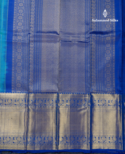 Beautiful Dual Tone Peacock Blue Zari Small Checks Pure Kanjivaram Silk Saree With Contrast Royal Blue Traditional Evening Morning Border
