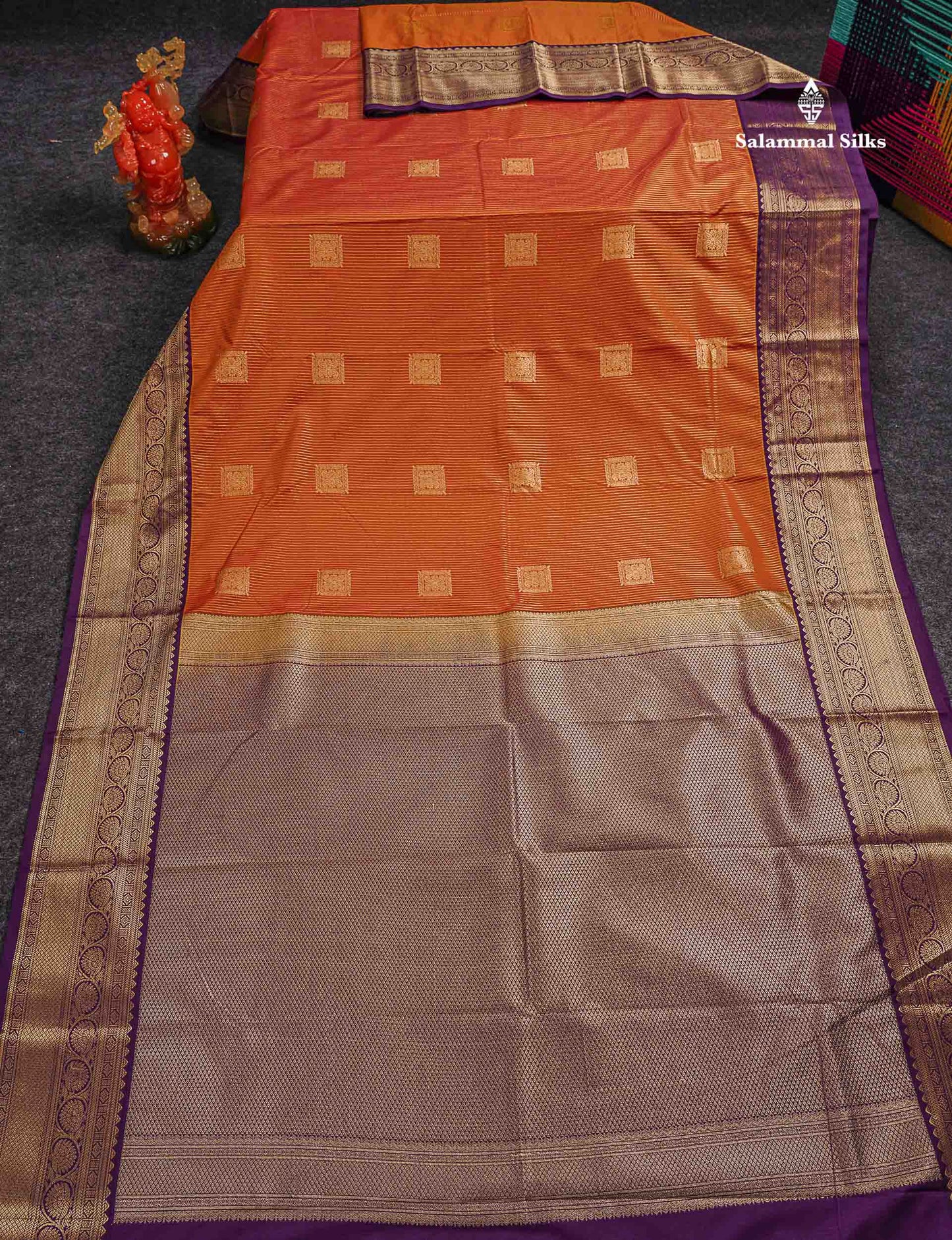 Semi Silk Saree - Orange Butta With Lines Along With Contrast Dark Purple Traditional Border