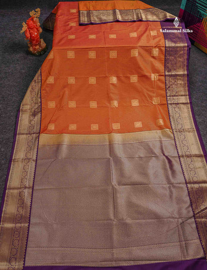 Semi Silk Saree - Orange Butta With Lines Along With Contrast Dark Purple Traditional Border