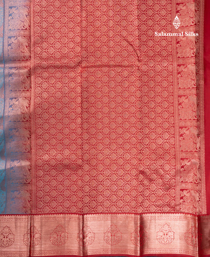 Dual Tone Light Blue Bridal Pure Kanjivaram Silk Saree With Contrast Reddish Maroon Traditional Border
