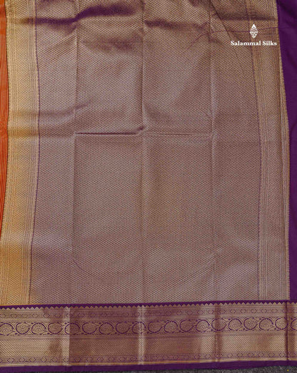 Semi Silk Saree - Orange Butta With Lines Along With Contrast Dark Purple Traditional Border