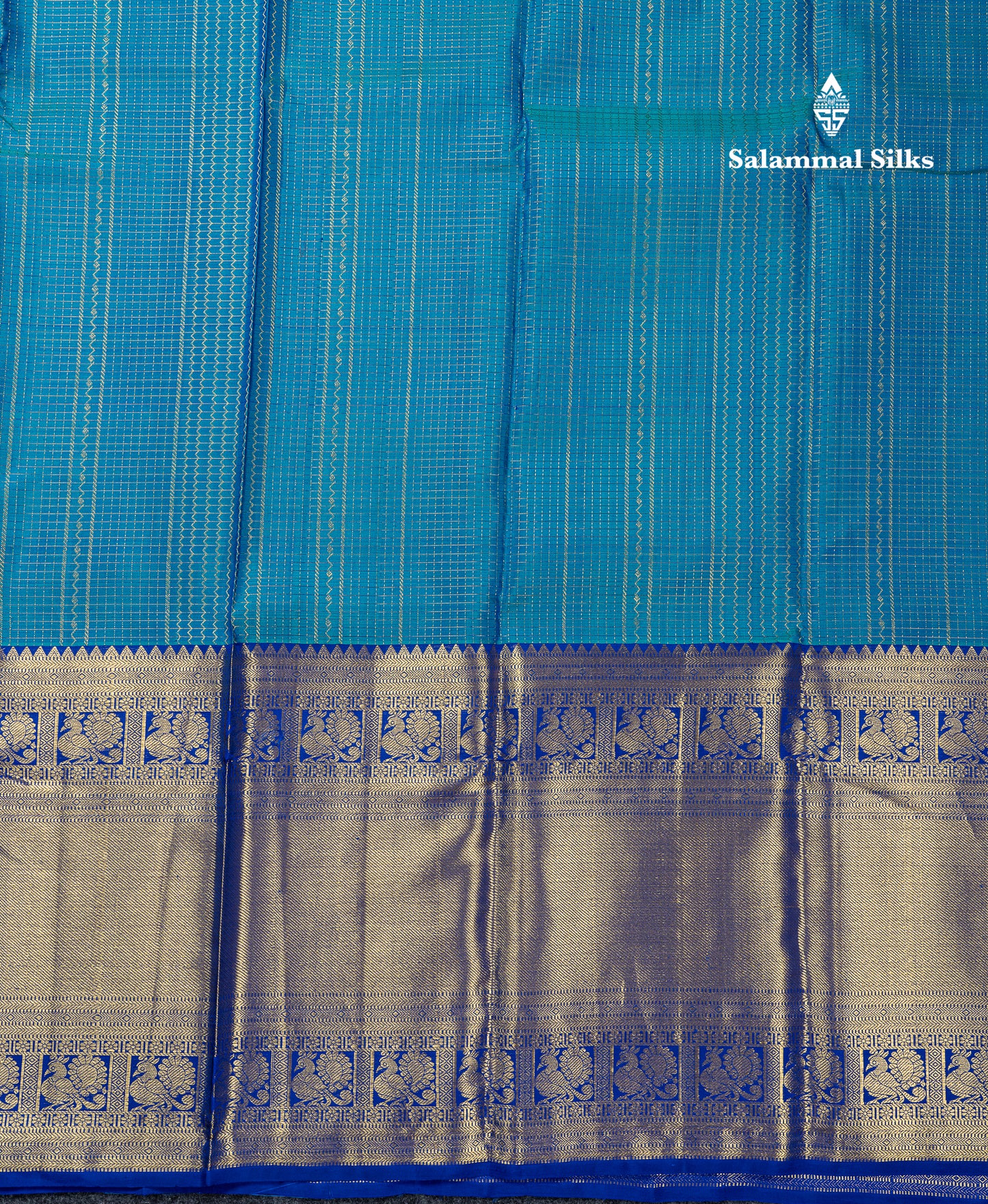 Beautiful Dual Tone Peacock Blue Zari Small Checks Pure Kanjivaram Silk Saree With Contrast Royal Blue Traditional Evening Morning Border