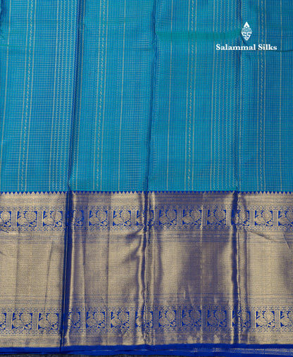 Beautiful Dual Tone Peacock Blue Zari Small Checks Pure Kanjivaram Silk Saree With Contrast Royal Blue Traditional Evening Morning Border