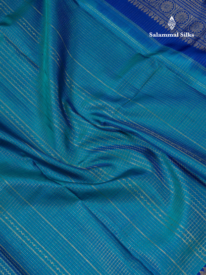 Beautiful Dual Tone Peacock Blue Zari Small Checks Pure Kanjivaram Silk Saree With Contrast Royal Blue Traditional Evening Morning Border