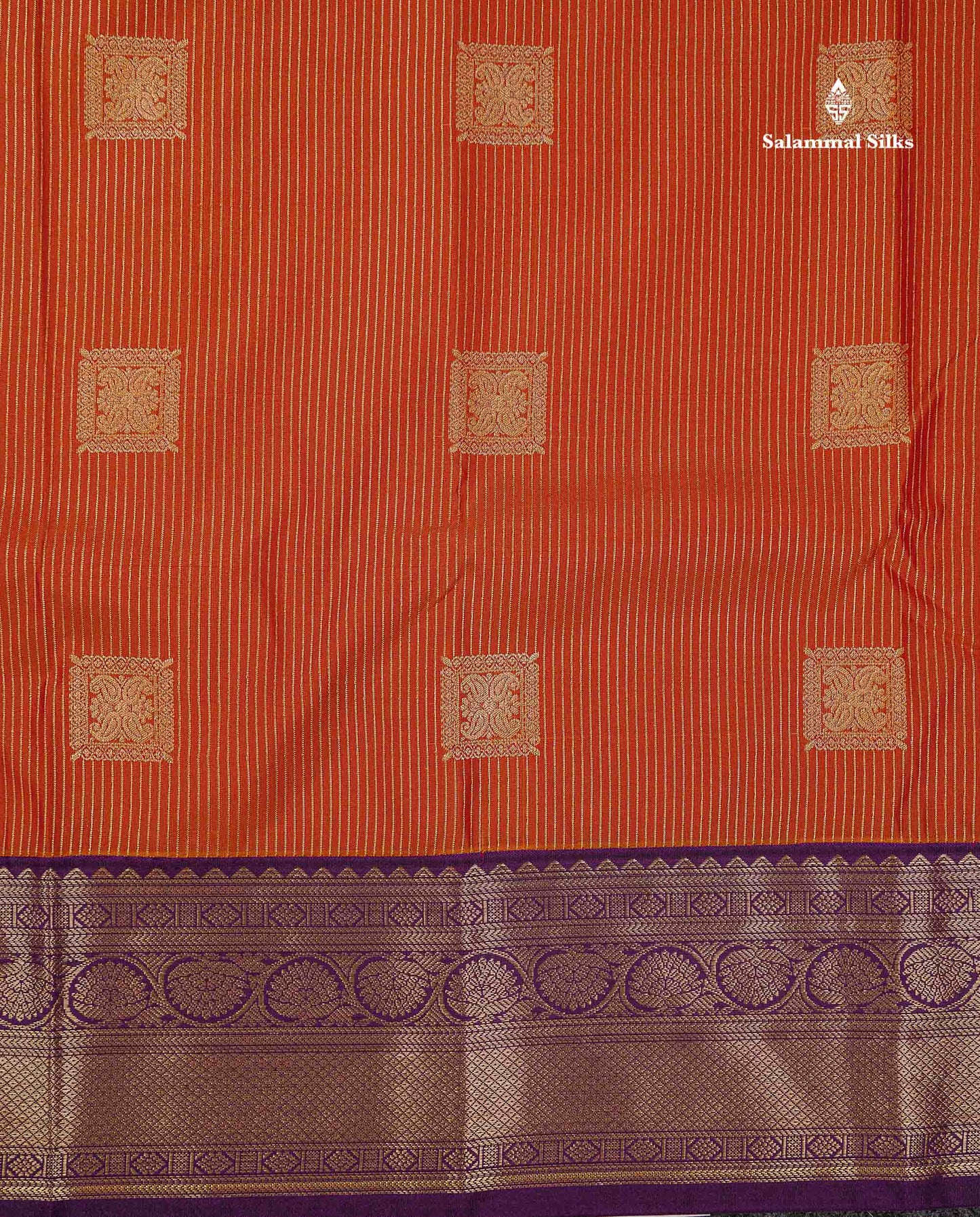 Semi Silk Saree - Orange Butta With Lines Along With Contrast Dark Purple Traditional Border
