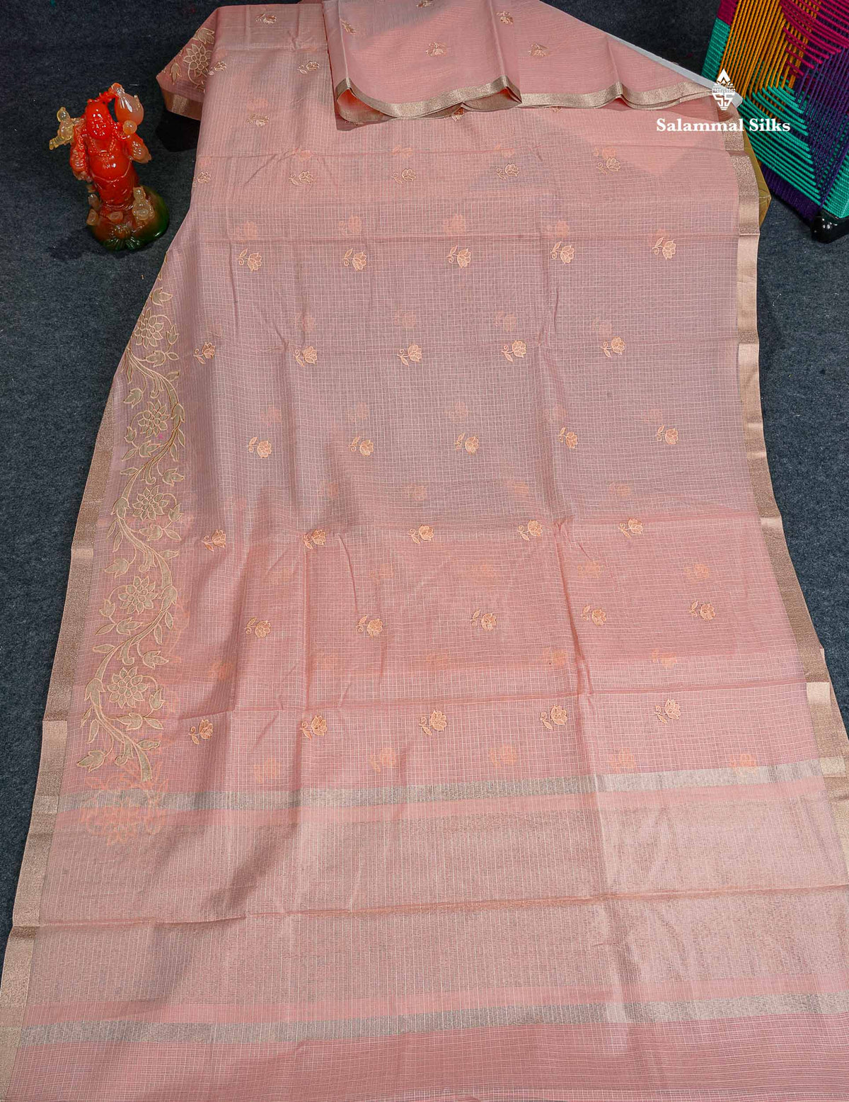 Kota Cotton Fancy Saree - Peach Colour Body With Embroidery Border