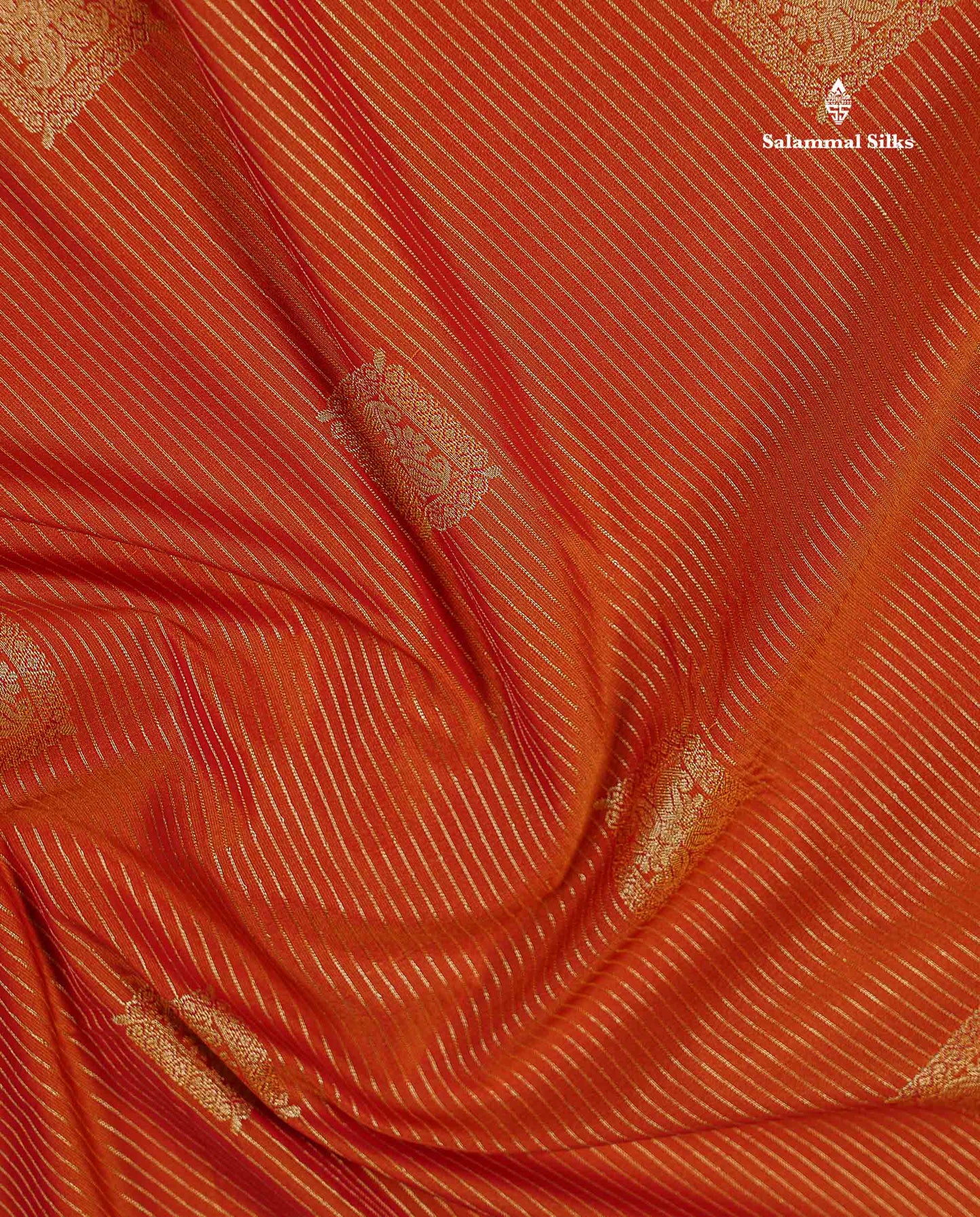Semi Silk Saree - Orange Butta With Lines Along With Contrast Dark Purple Traditional Border