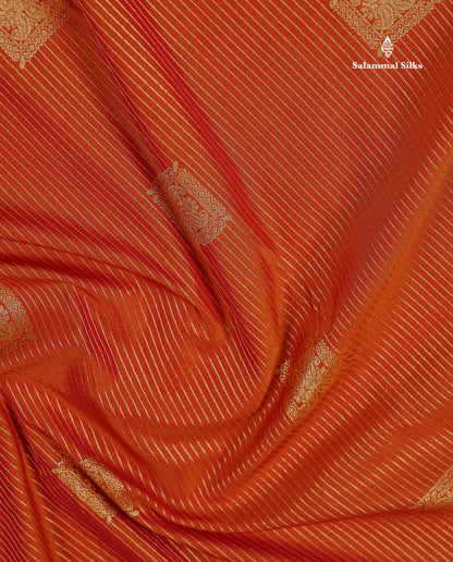 Semi Silk Saree - Orange Butta With Lines Along With Contrast Dark Purple Traditional Border