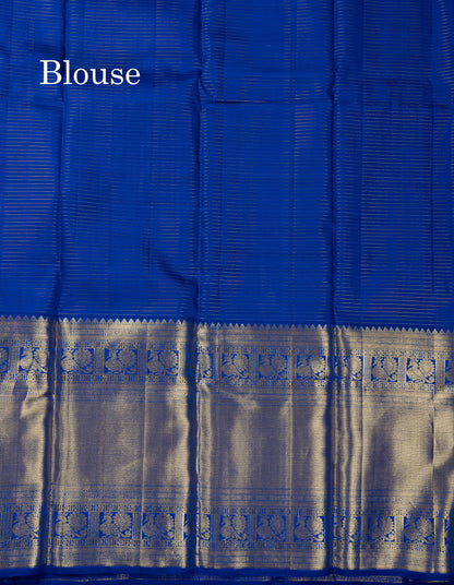 Beautiful Dual Tone Peacock Blue Zari Small Checks Pure Kanjivaram Silk Saree With Contrast Royal Blue Traditional Evening Morning Border