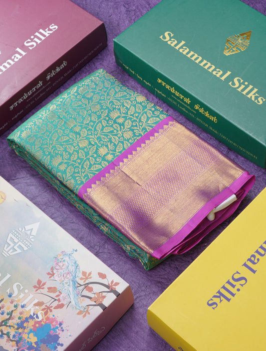 Peacock Green Wedding Pure Kanjivaram  Silk Saree With Magenta Magenta Border