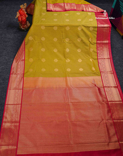 Semi Silk Saree - Mustard Yellow Butta With Lines Along With Contrast Redish Pink Traditional Border