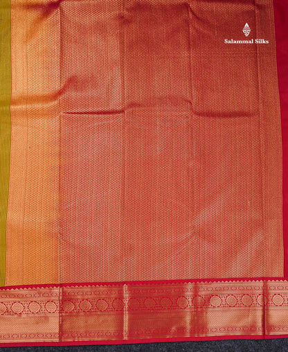Semi Silk Saree - Mustard Yellow Butta With Lines Along With Contrast Redish Pink Traditional Border