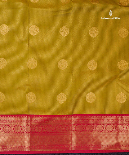 Semi Silk Saree - Mustard Yellow Butta With Lines Along With Contrast Redish Pink Traditional Border
