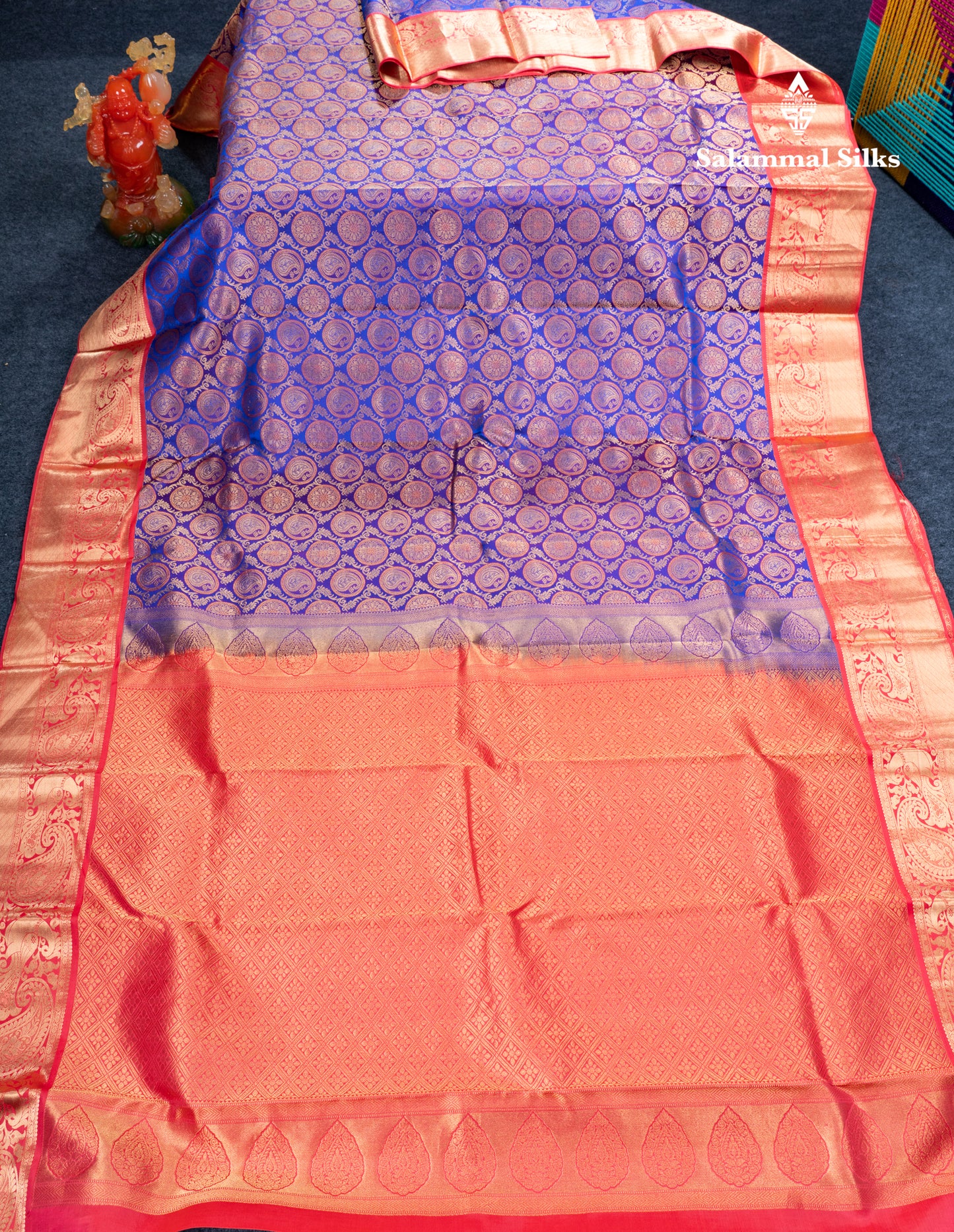 Dual Tone Purple Bridal Pure Kanjivaram Silk Saree With Contrast Tomato Red Border