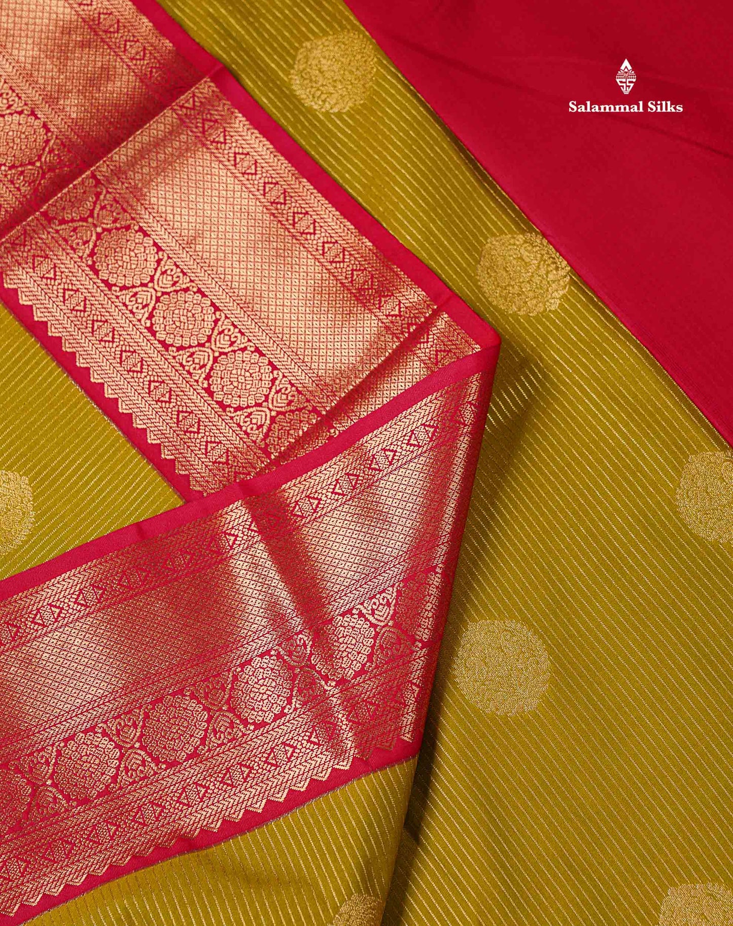 Semi Silk Saree - Mustard Yellow Butta With Lines Along With Contrast Redish Pink Traditional Border