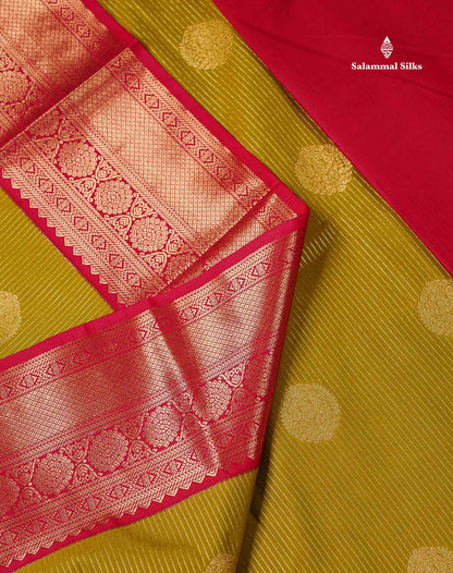 Semi Silk Saree - Mustard Yellow Butta With Lines Along With Contrast Redish Pink Traditional Border