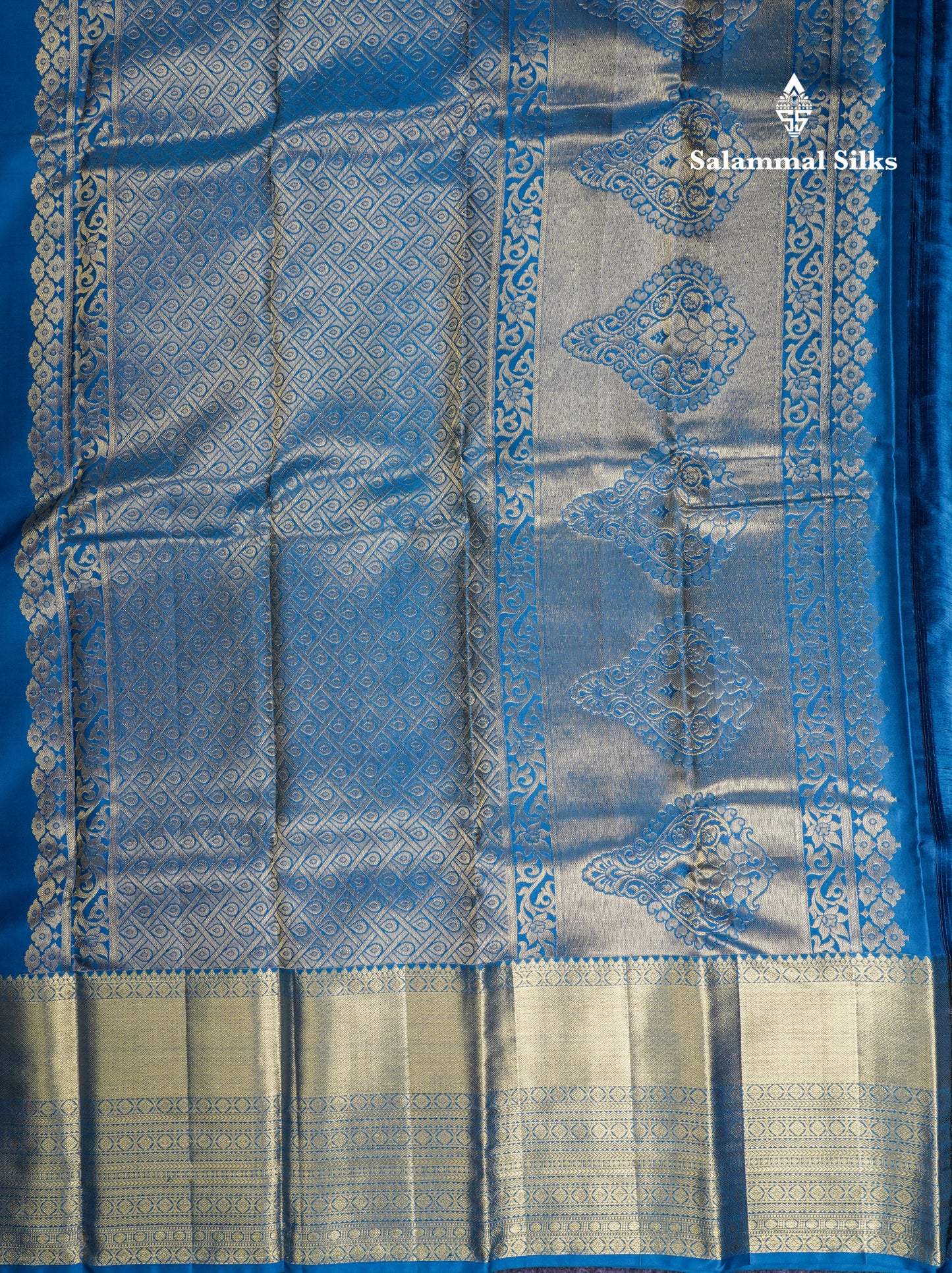 Beautiful Peacock Blue Pure Kanjivaram Silk Saree With Tarditional Evening Morning Border