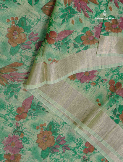 Cotton Mix Saree - Pastel Green Colour Body Floral Design With Fancy Border