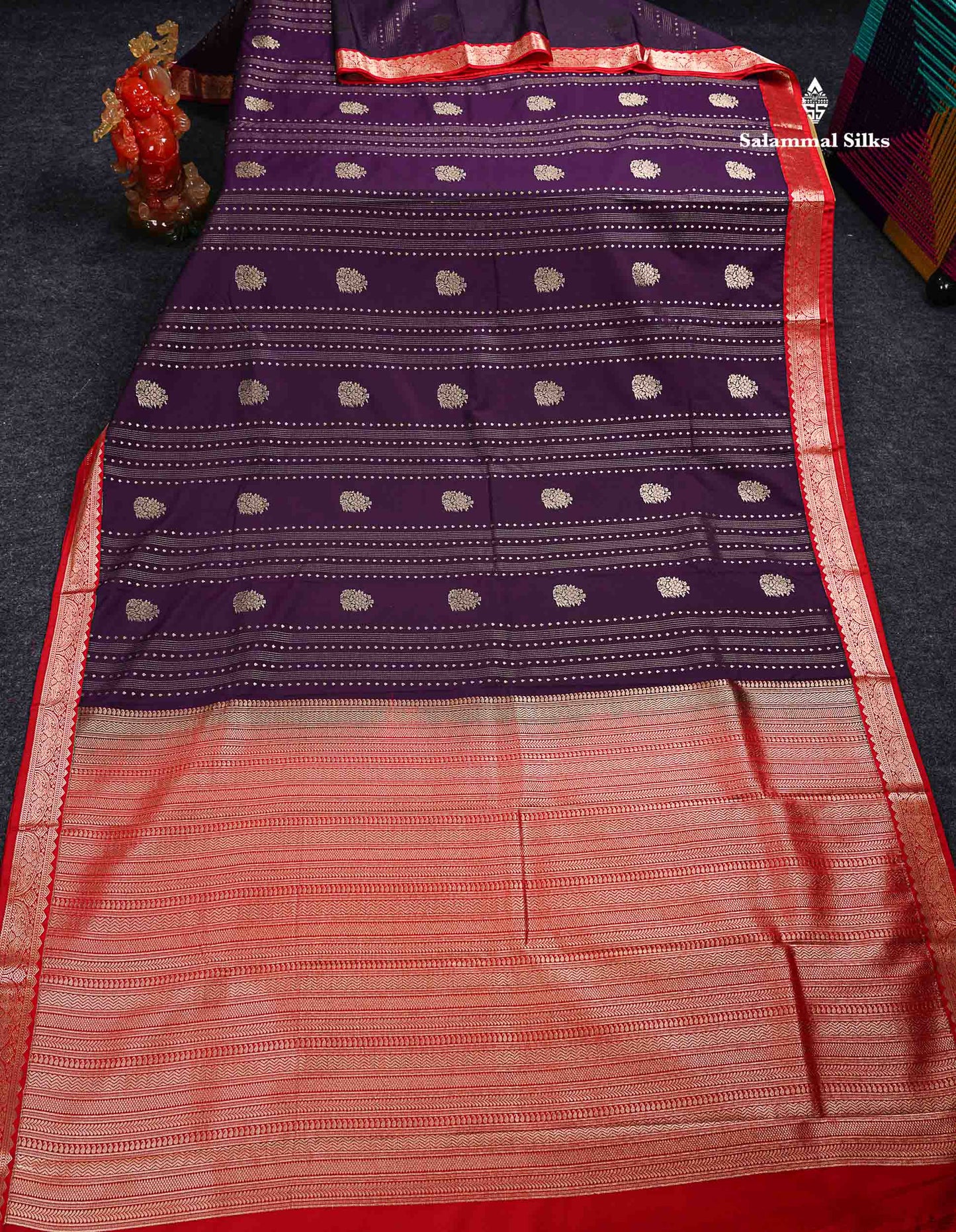 Semi Silk Saree - Violet Butta With Straip Lines Along With Contrast Red Traditional Small Border