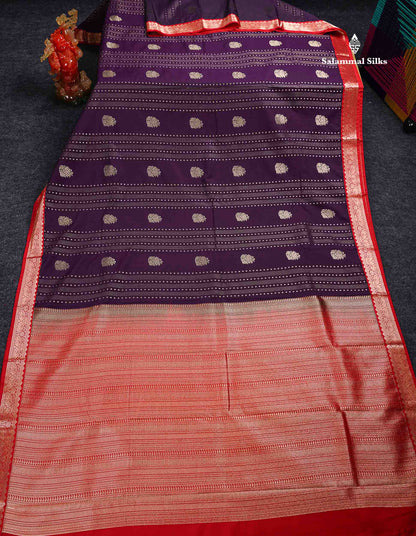 Semi Silk Saree - Violet Butta With Straip Lines Along With Contrast Red Traditional Small Border