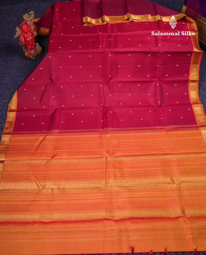 Beautiful Dark Maroon Pure Kanjivaram Silk Saree With Contrast Mustard Yellow Small Traditional Border