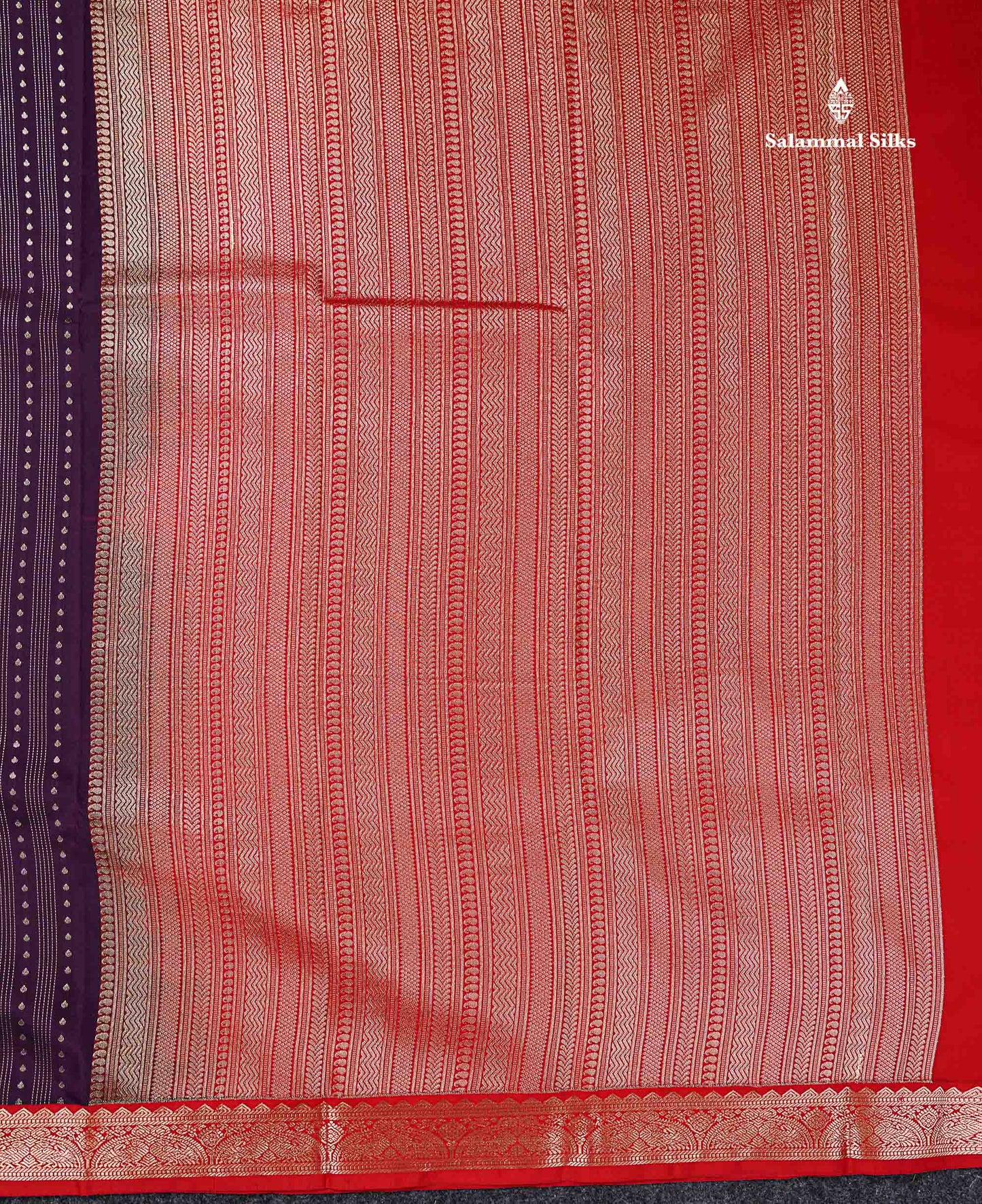 Semi Silk Saree - Violet Butta With Straip Lines Along With Contrast Red Traditional Small Border