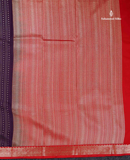 Semi Silk Saree - Violet Butta With Straip Lines Along With Contrast Red Traditional Small Border
